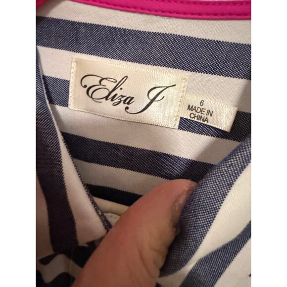 Eliza J Women's 6 Blue White Pink Striped Fit Flare Sleeveless Belted Dress - Picture 11 of 13